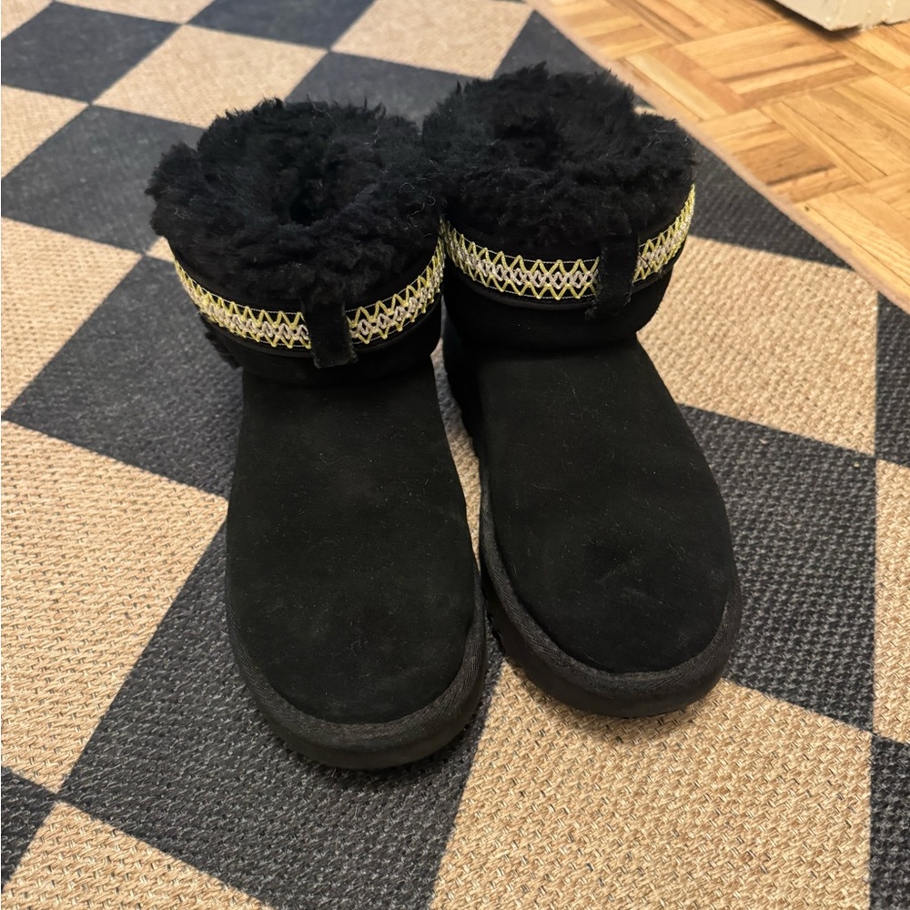 Ugg Black Fur-Lined Boots with Gold Accents